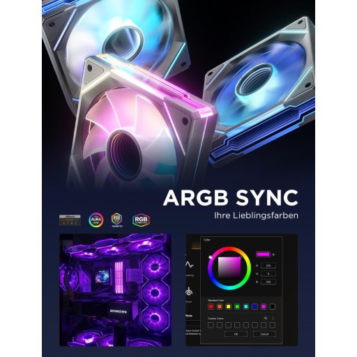 AsiaHorse RGB 120mm PC ventilátor szett 3db fekete ARGB PWM 1800RPM