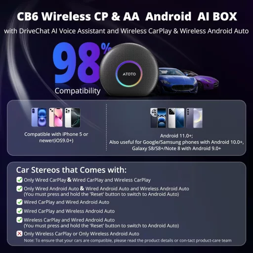ATOTOZONE CB6 CarPlay AI Box Vezeték nélküli Android autós multimédia 8GB 128GB