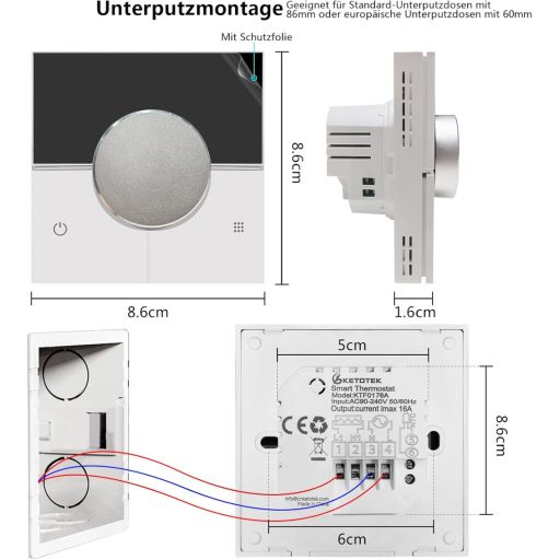 KETOTEK Smart WiFi Termosztát 16A Elektromos Padlófűtéshez Alexa Kompatibilis