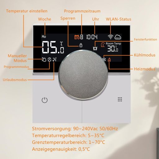 KETOTEK Smart WiFi Termosztát 16A Elektromos Padlófűtéshez Alexa Kompatibilis
