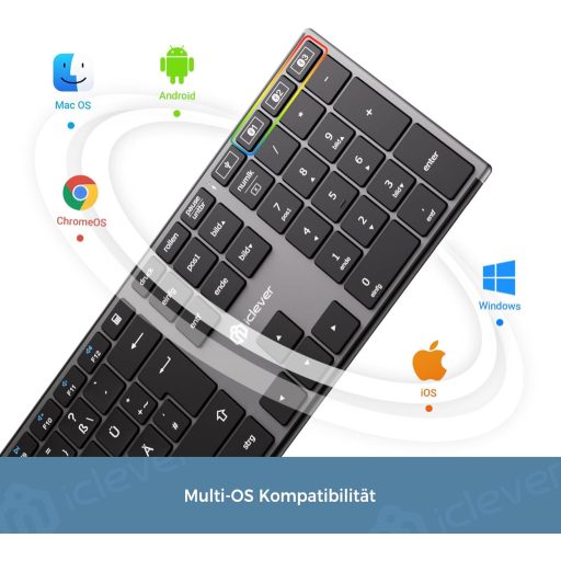 iClever Wireless Bluetooth Billentyűzet 3 Csatorna QWERTZ Újratölthető Mac Windows iOS