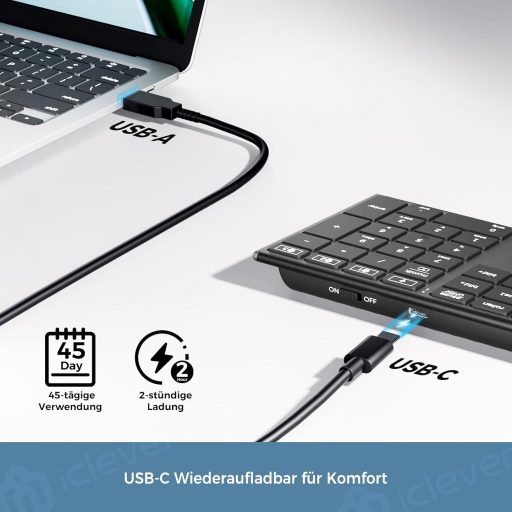 iClever Wireless Bluetooth Billentyűzet 3 Csatorna QWERTZ Újratölthető Mac Windows iOS