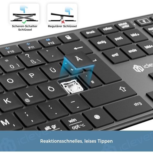 iClever Wireless Bluetooth Billentyűzet 3 Csatorna QWERTZ Újratölthető Mac Windows iOS