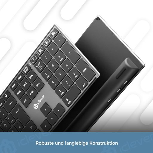 iClever Wireless Bluetooth Billentyűzet 3 Csatorna QWERTZ Újratölthető Mac Windows iOS