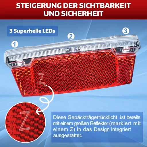 Lampă spate pentru bicicletă cu LED MONTOP, reflector pentru dinam, certificată StVZO