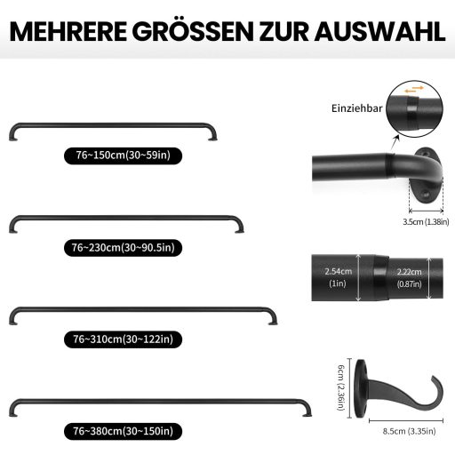 Qlfyuu fekete fém függönykarnis 76-310 cm, 25 mm átmérő, szobához és nappalihoz