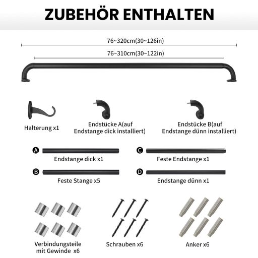 Qlfyuu fekete fém függönykarnis 76-310 cm, 25 mm átmérő, szobához és nappalihoz