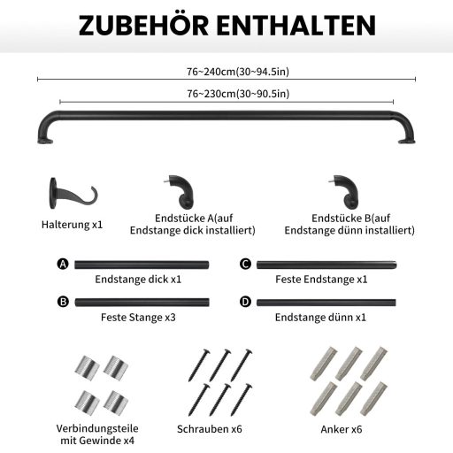 Qlfyuu fekete fém függönyrúd 76-230 cm, 25 mm átmérő, szobához és nappalihoz