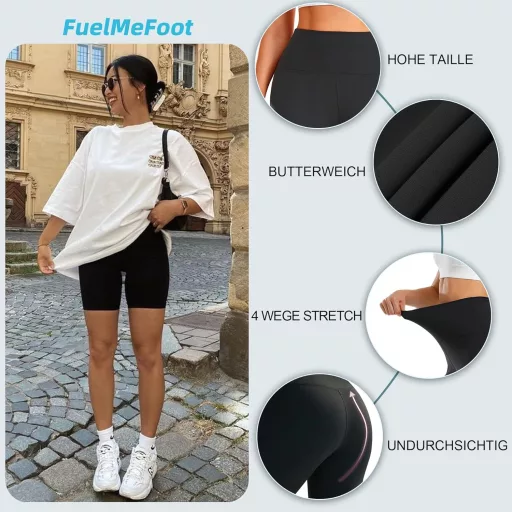 FuelMeFoot Női Magasderekú Kerékpáros Rövidnadrág - Légáteresztő Fitness Leggings Edzéshez, Jógához, Sporthoz - Fekete