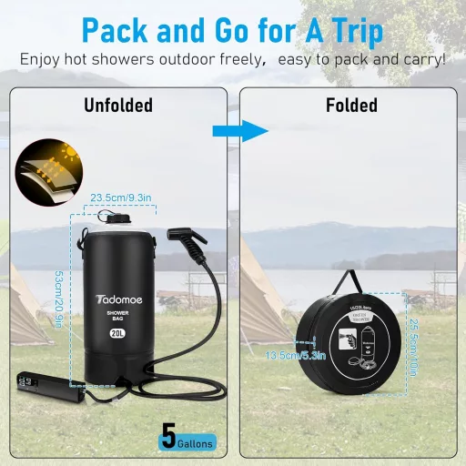 Tadomoe Duș Solar de Camping 20L cu Pompă - Duș Portabil Negru PVC pentru Drumeții, Camping și Plajă