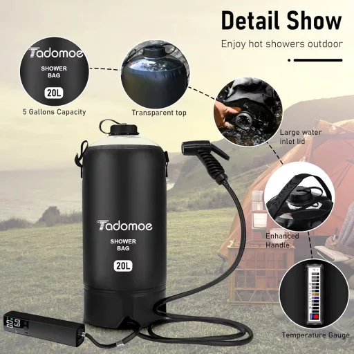 Tadomoe Duș Solar de Camping 20L cu Pompă - Duș Portabil Negru PVC pentru Drumeții, Camping și Plajă