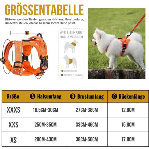 Ham tactic pentru câini OneTigris ANTZ, mărimea XXS, set cu sistem de lesă reflectorizantă cu mâner, pentru câini de talie mică, portocaliu