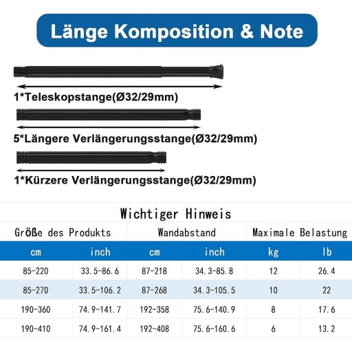 Aiitomg Zuhanyfüggöny Rúd Fúrás Nélkül 85-265cm Fehér Állítható