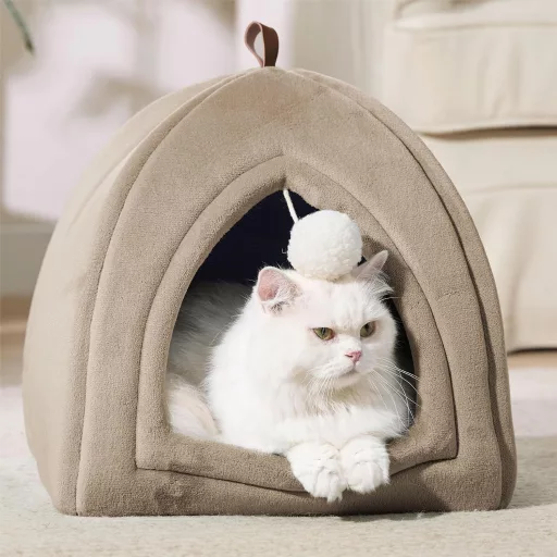 Bedsure pelech pre mačky pre veľké mačky ťavia – skladací pelech pre mačky s prateľným vankúšom 40x40x40 cm