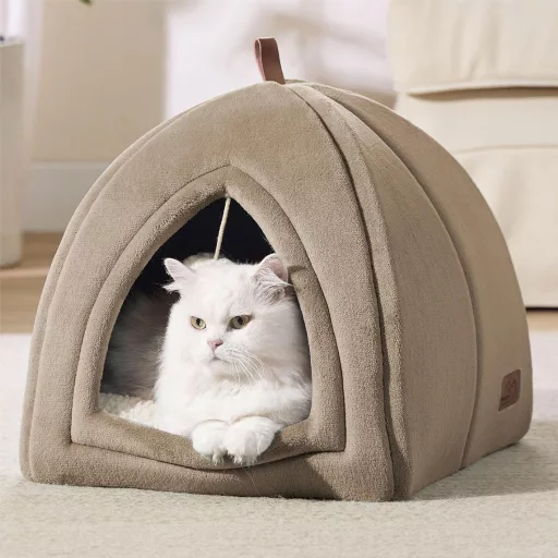 Bedsure pelech pre mačky pre veľké mačky ťavia – skladací pelech pre mačky s prateľným vankúšom 40x40x40 cm