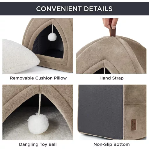 Bedsure pelech pre mačky pre veľké mačky, ťavia farba – skladateľný pelech s prateľným vankúšom 44x44 cm