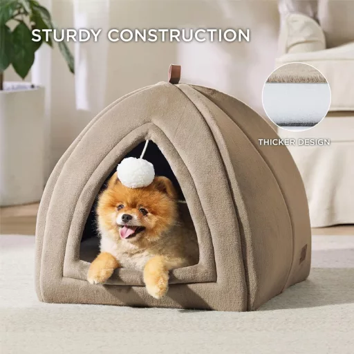 Bedsure Peșteră pentru Pisici Mari, Culoare Cămilă - Pat pentru Pisici Pliabil cu Pernă Lavabilă 44x44cm