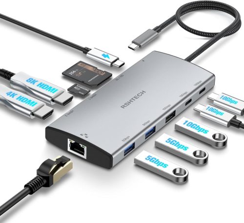Stație de andocare RSHTECH 11 în 1 pentru MacBook - HDMI 8K/4K, USB 3.2/3.0, 100W PD, SD/TF, Gigabit Ethernet - Hub USB-C cu două monitoare pentru Windows/Linux/Mac