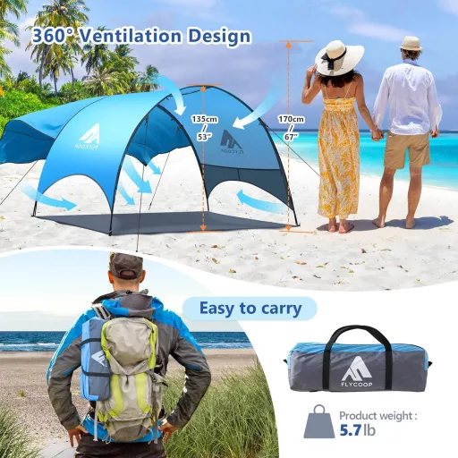 Plážový stan Flycoop s UV ochranou, 360° ventiláciou, prenosný a skladací, 350 x 130 x 220 cm