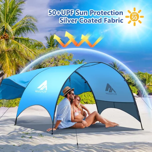 Plážový stan Flycoop s UV ochranou, 360° ventiláciou, prenosný a skladací, 350 x 130 x 220 cm