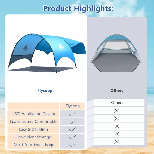 Plážový stan Flycoop s UV ochranou, 360° ventiláciou, prenosný a skladací, 350 x 130 x 220 cm