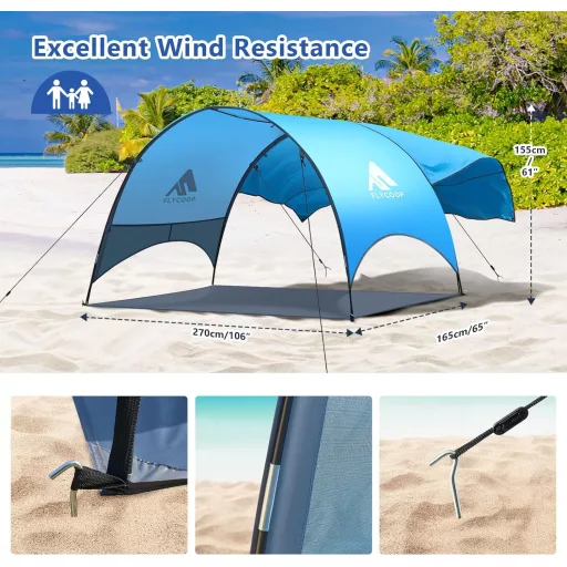 Plážový stan Flycoop s UV ochranou, 360° ventiláciou, prenosný a skladací, 350 x 130 x 220 cm