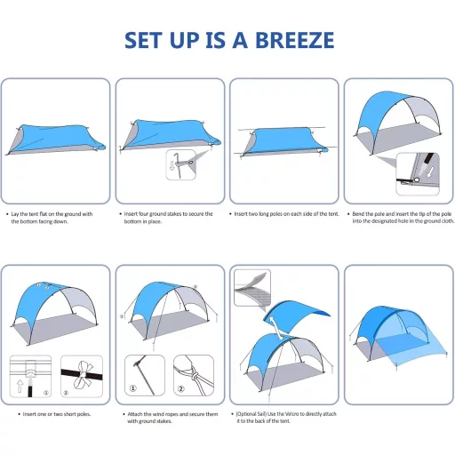 Plážový stan Flycoop s UV ochranou, 360° ventiláciou, prenosný a skladací, 350 x 130 x 220 cm