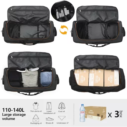 Geantă de călătorie YHYEH de 32 inch cu roți, extensibilă 110-140L, valiză moale cu rotile, negru/portocaliu