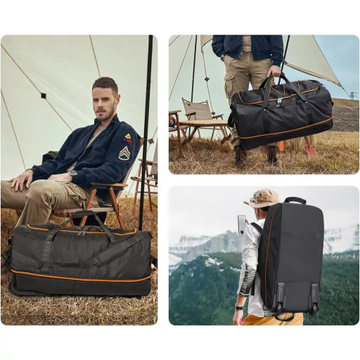 Geantă de călătorie YHYEH de 32 inch cu roți, extensibilă 110-140L, valiză moale cu rotile, negru/portocaliu