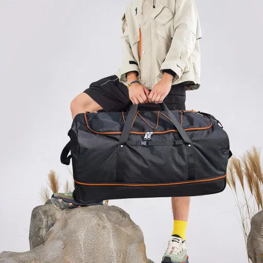 YHYEH 32 Inch Utazótáska Kerekekkel, Bővíthető 110-140L, Puha Oldalú Gurulós Bőrönd Fekete/Narancs