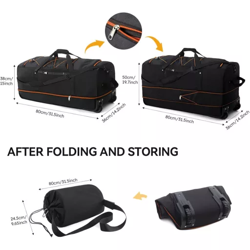 Geantă de călătorie YHYEH de 32 inch cu roți, extensibilă 110-140L, valiză moale cu rotile, negru/portocaliu