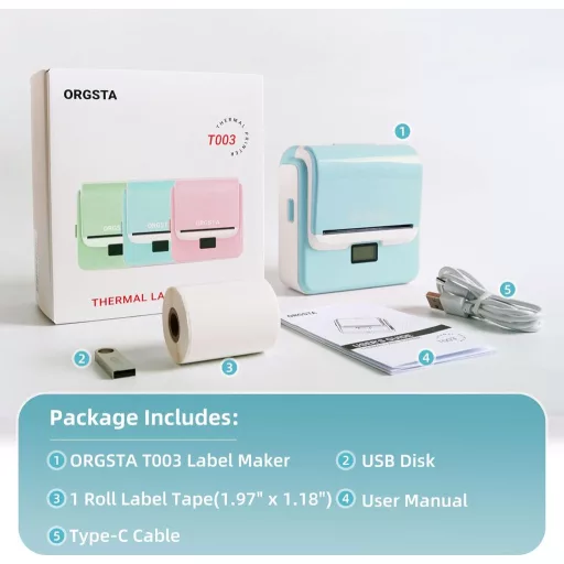 ORGSTA T003 Bluetooth címkenyomtató 50mm/s öntapadós etikett nyomtatógép