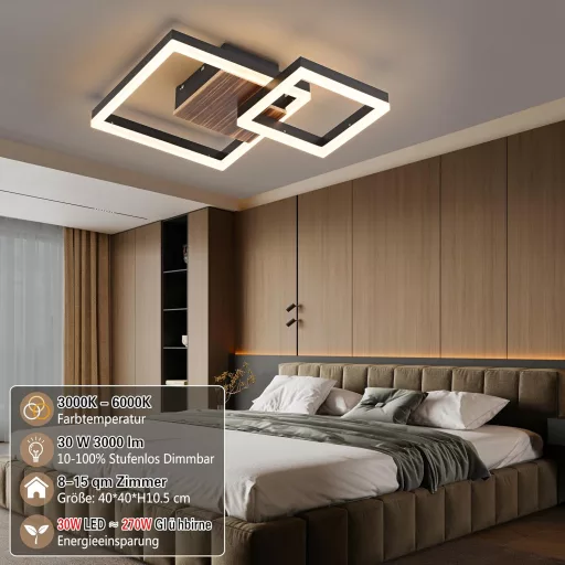 SEATAIN Lampă LED de Plafon din Lemn - Design Geometric Negru, 40 cm, Cu Telecomandă, Reglare Intensitate Luminoasă, Temperatură Culoare 3000-6000K, Mod Noapte