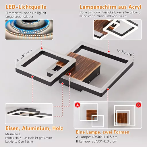 SEATAIN Lampă LED de Plafon din Lemn - Design Geometric Negru, 40 cm, Cu Telecomandă, Reglare Intensitate Luminoasă, Temperatură Culoare 3000-6000K, Mod Noapte