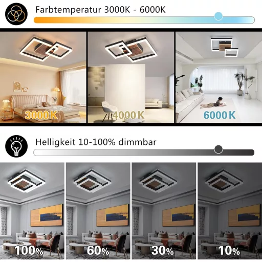SEATAIN Lampă LED de Plafon din Lemn - Design Geometric Negru, 40 cm, Cu Telecomandă, Reglare Intensitate Luminoasă, Temperatură Culoare 3000-6000K, Mod Noapte