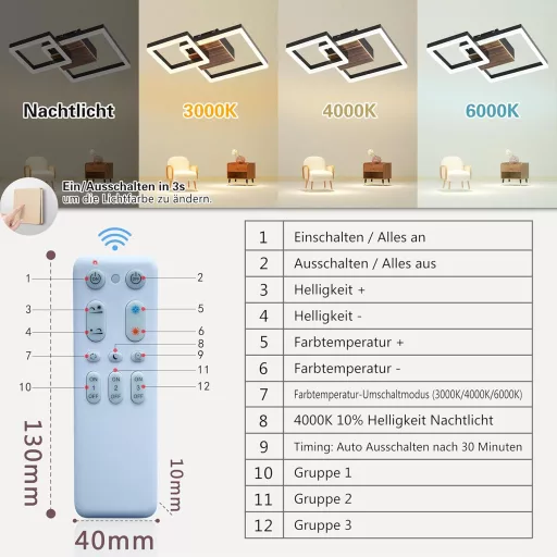 SEATAIN Lampă LED de Plafon din Lemn - Design Geometric Negru, 40 cm, Cu Telecomandă, Reglare Intensitate Luminoasă, Temperatură Culoare 3000-6000K, Mod Noapte