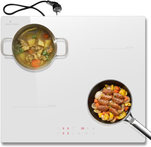 Plită cu inducție DELITEER cu 4 zone, 59 cm, încorporabilă, sticlă ceramică albă, 3500W, 9 niveluri de putere, blocare pentru copii, control tactil, 230