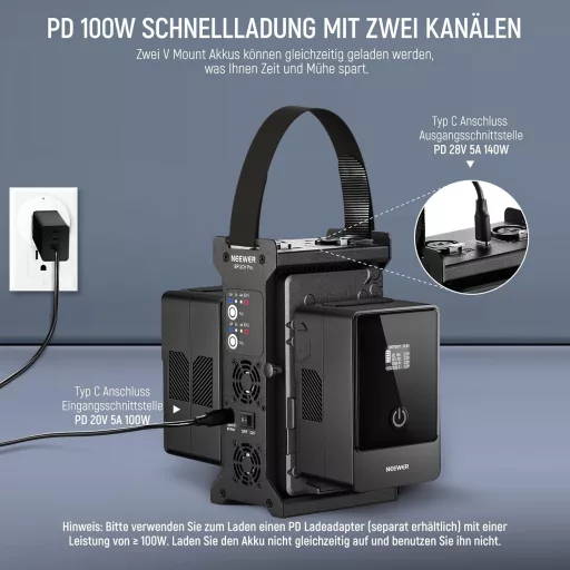 NEEWER V Mount Akkumulátor Töltő Dupla Csatornás, V Lock 100W PD USB-C Gyorstöltés, DC 48V/24V Kimenet, SmallRig Kompatibilis BP-2CH Pro