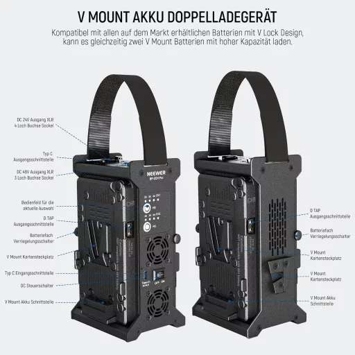 NEEWER V Mount Akkumulátor Töltő Dupla Csatornás, V Lock 100W PD USB-C Gyorstöltés, DC 48V/24V Kimenet, SmallRig Kompatibilis BP-2CH Pro