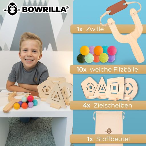 BOWRILLA Detská puška s 10 mäkkými loptičkami a 4 drevenými terčami – pre pravákov aj ľavákov