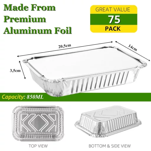 SENENQU 75 db Alumínium Sütőtálca Fedővel 850ml - Eldobható Alufólia Edény Sütéshez, Grillezéshez, Főzéshez - 21x14 cm