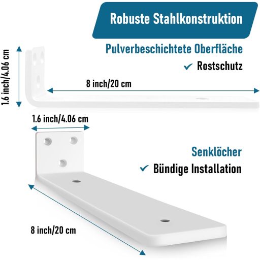 YFCVIP 2db Polckonzol 20cm Fehér Erős L-Konzol 75kg Terhelhetőség