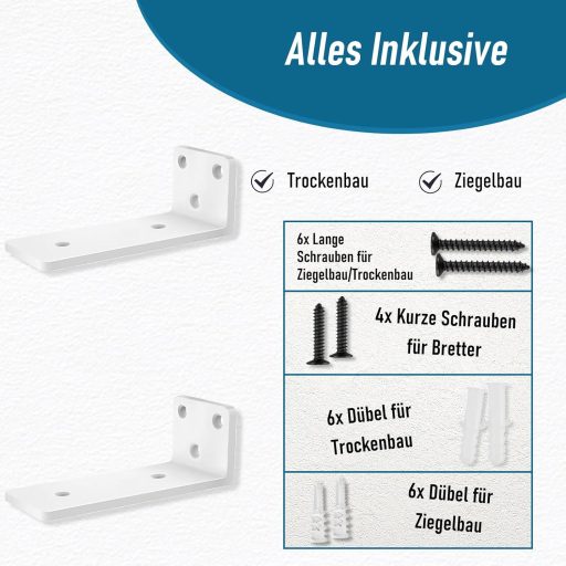 YFCVIP 25 cm Polc Tartó Konzol 2 db Fehér, 75 kg Terhelhetőség, Erős L Konzol Csavarokkal
