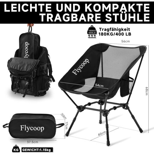 Scaun de camping pliabil Flycoop, capacitate 180 kg, cu husă de transport