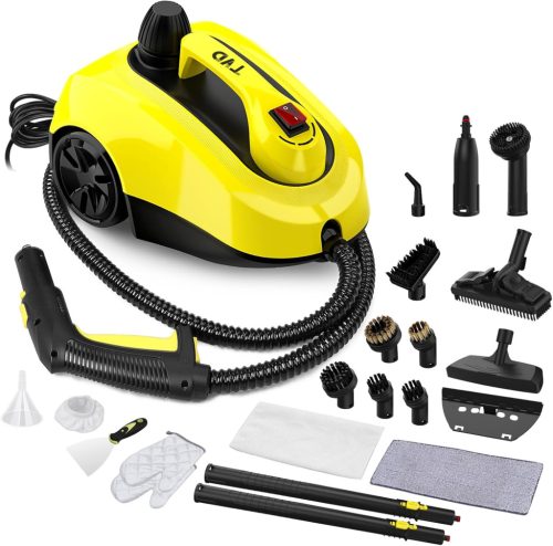 TVD Gőztisztító 1500W - Sárga-Kék Nagynyomású Gőzölő 1,5L Tartállyal, Sokoldalú Tartozékokkal Padlóhoz, Szőnyeghez, Csempéhez, Ablakhoz és K