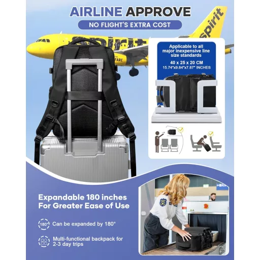 BOXSAM Vákuumzáras Hátizsák Ryanair Kézipoggyász 40x20x25 cm Fekete Utazótáska Repülőgép Kompatibilis Túrahátizsák