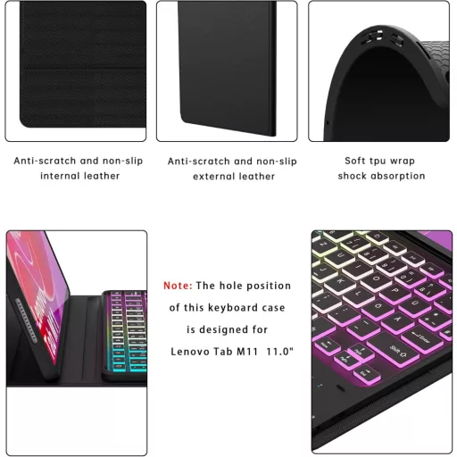 ROOFEI Lenovo Tab M11 2024 Billentyűzetes Tok 7 Szín LED Világítás QWERTZ Német Billentyűzet Trackpad Tolltartó TB330 TB331