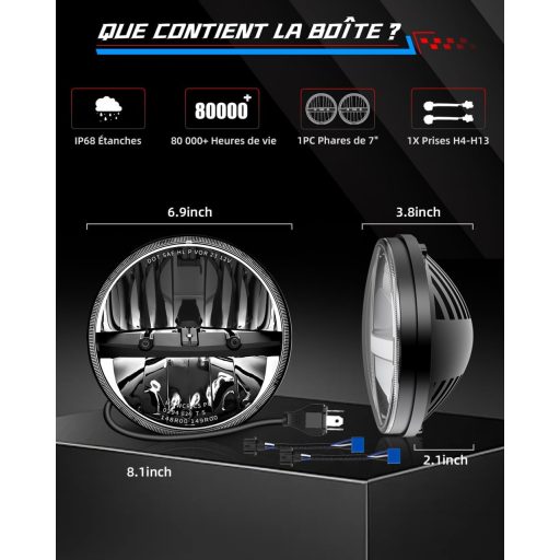 Far LED BraveWAY de 7 inch, 60W, 12000LM - 2 buc cu cablu H4-H13, Compatibil cu Wrangler JK TJ LJ CJ Hummer H1 H2, Aprobare DOT