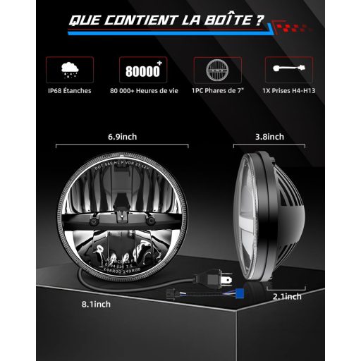 BraveWAY 7 Colos Kerek LED Motorkerékpár Fényszóró - 12000LM, Hi-Lo Funkcióval, H4-H13 Kompatibilis, DOT Tanúsítvánnyal, Plug and Play Csatl