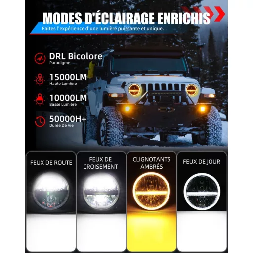 BraveWAY 7-palcový 60W LED svetlomet pre Wrangler JK Hi-Lo biely/žltý DRL H4-H13